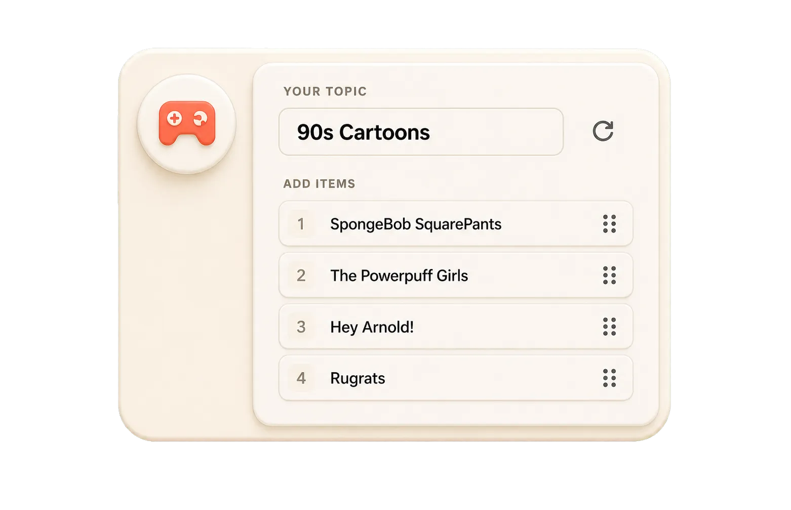 A custom game builder set up with a 90s Cartoons topic and four example items
